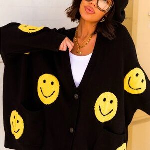 Dressed in LALA Black Cardigan with Yellow Smiley Faces